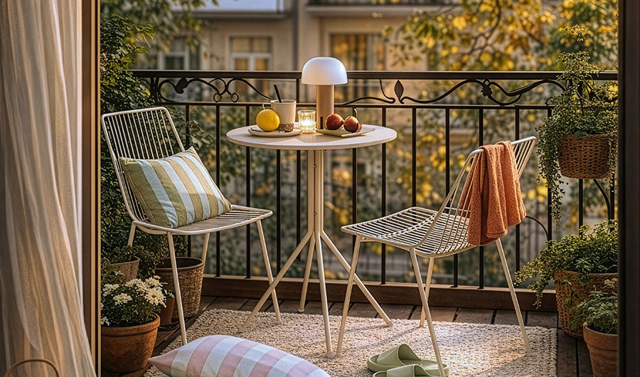 Helle Balkonmöbel mit rundem Tisch auf herbstlichem Stadtbalkon