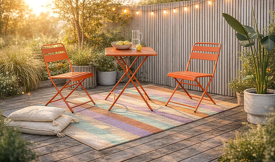 Orangefarbene Klappmöbel auf sonniger Terrasse mit buntem Outdoor-Teppich
