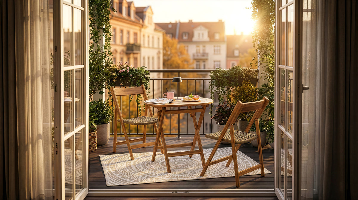 Gemütliches Balkonmöbel Set aus klappbaren Holzstühlen und einem runden Holztisch auf einem hell gemusterten Outdoor-Teppich mit Blick über die sommerliche Stadt.