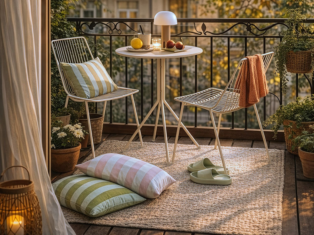 Balkonset mit hellen Drahtstühlen aus Metall, rundem Tisch, Akku-Tischlampe und gestreiften Kissen auf einem Outdoorteppich im modernen Stil.
