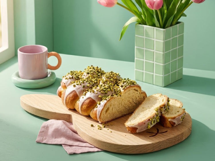 Glasierter Hefezopf mit Pistazien auf einem Holzbrett neben einer rosa Tasse und hellgrüner Vase mit Tulpen im modernen Pastell-Stil.
