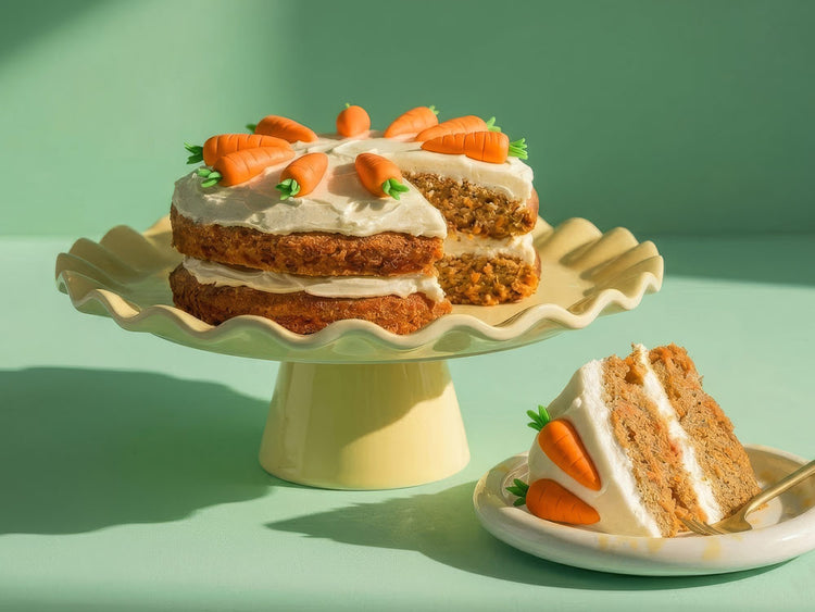 Zweistöckiger Karottenkuchen mit weißem Frosting und Marzipanrüebli auf einer gelben Keramik-Tortenplatte vor hellgrünem Hintergrund.