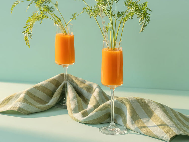 Zwei Gläser mit orangefarbenem Karottensaft und frischem Möhrengrün neben einem gestreiften Leinentuch auf hellblauem Grund im modernen Stil.