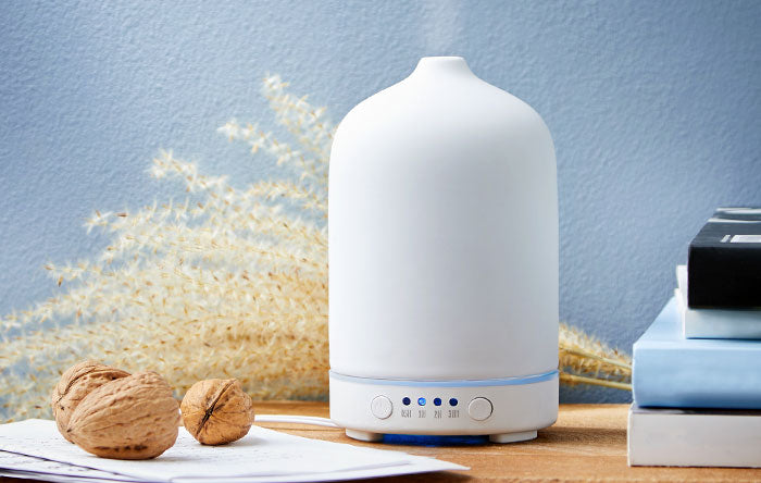 Elektrischer Aroma-Diffuser aus weißer Keramik neben getrockneten Gräsern und Walnüssen auf hellem Holzgrund.