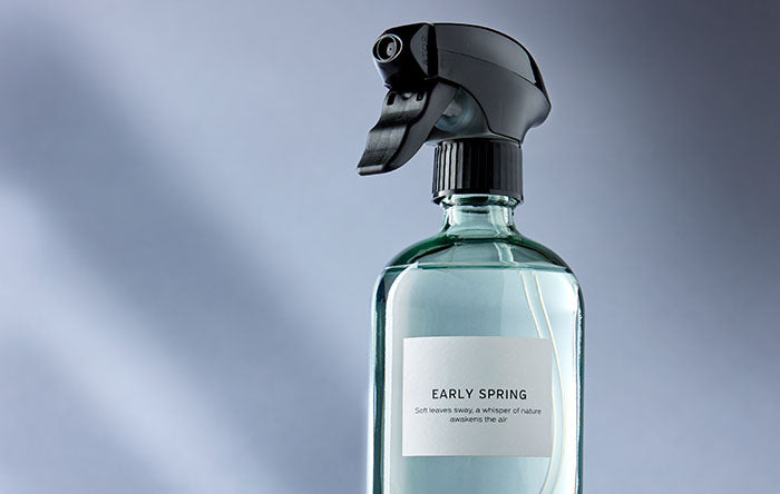 Early Spring Raumspray in einer transparenten Glasflasche mit schwarzem Sprühkopf vor dezentem graublauen Hintergrund.
