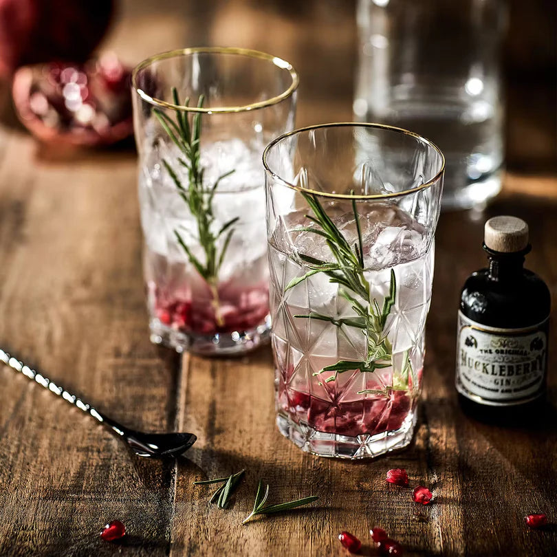 Longdrinkgläser mit Goldrand und Reliefschliff für Gin Tonic